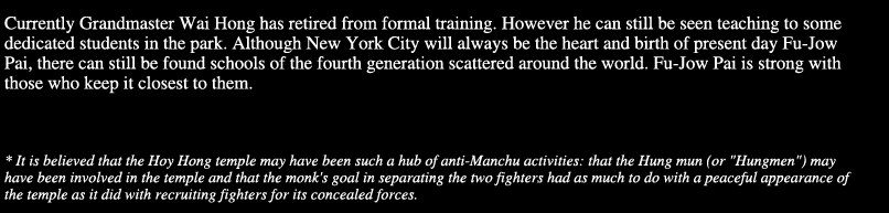 The dedication of Grandmaster Wai Hong provided the strong Fu-Jow Pai tradition that exists today